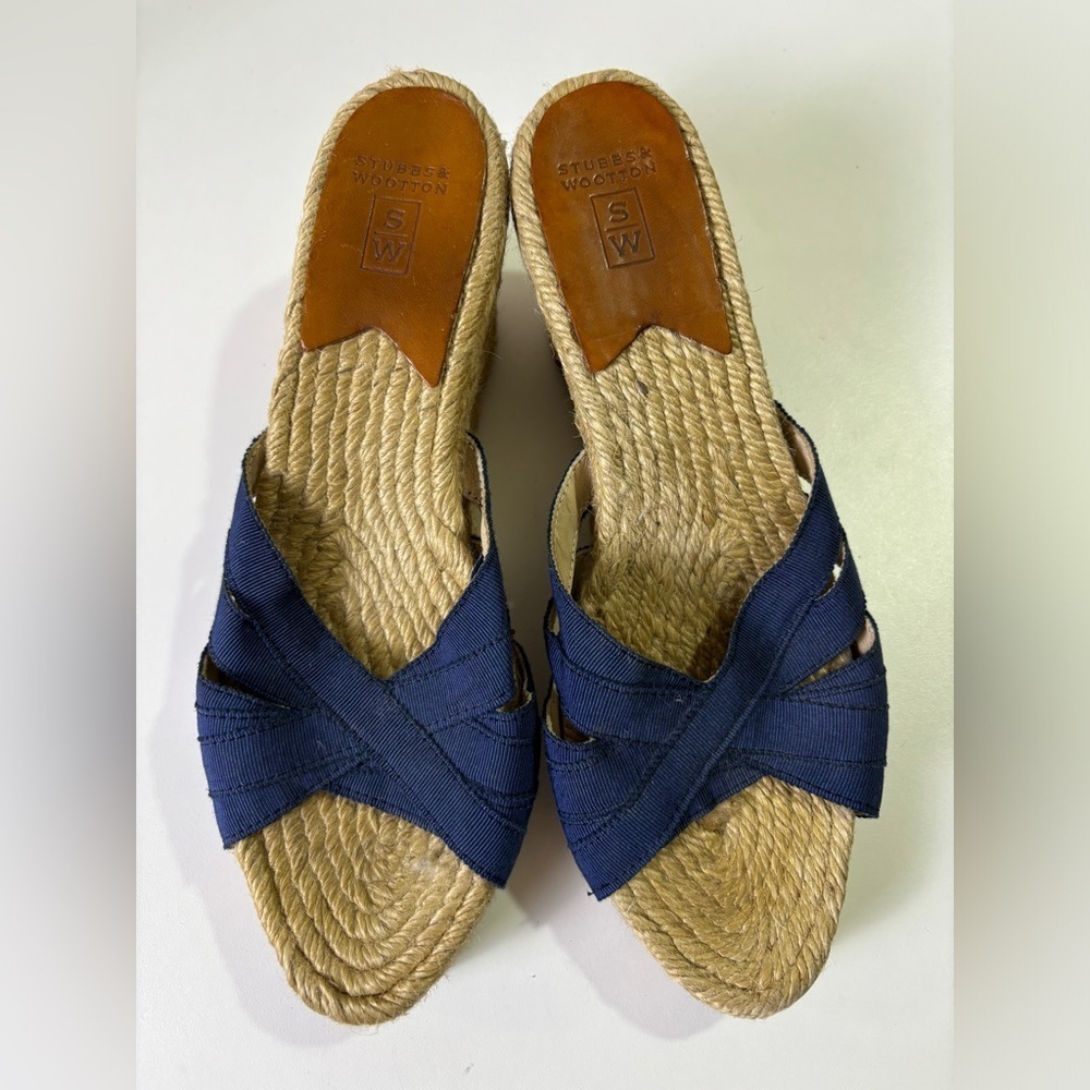 Stubbs & Wootton Kelly Navy Blue Wedge Jute Estate Espadrille  Sandals 36EU 6 US